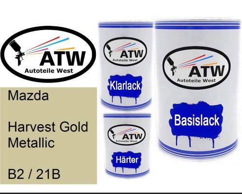 Mazda, Harvest Gold Metallic, B2 / 21B: 500ml Lackdose + 500ml Klarlack + 250ml Härter - Set, von ATW Autoteile West.